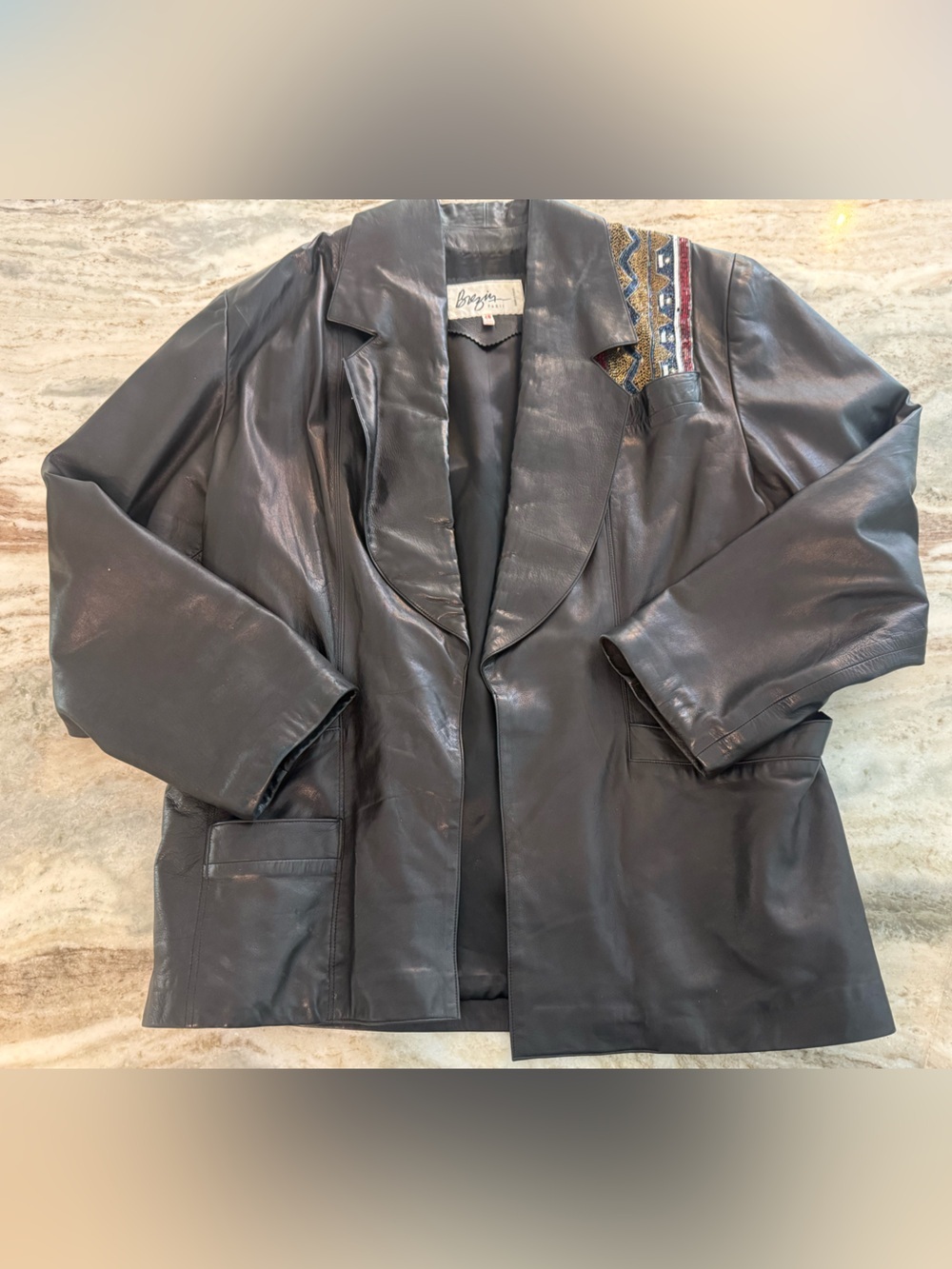 Vintage Brezin Paris Black Leather Beaded Jacket size 40 US 8 Medium
